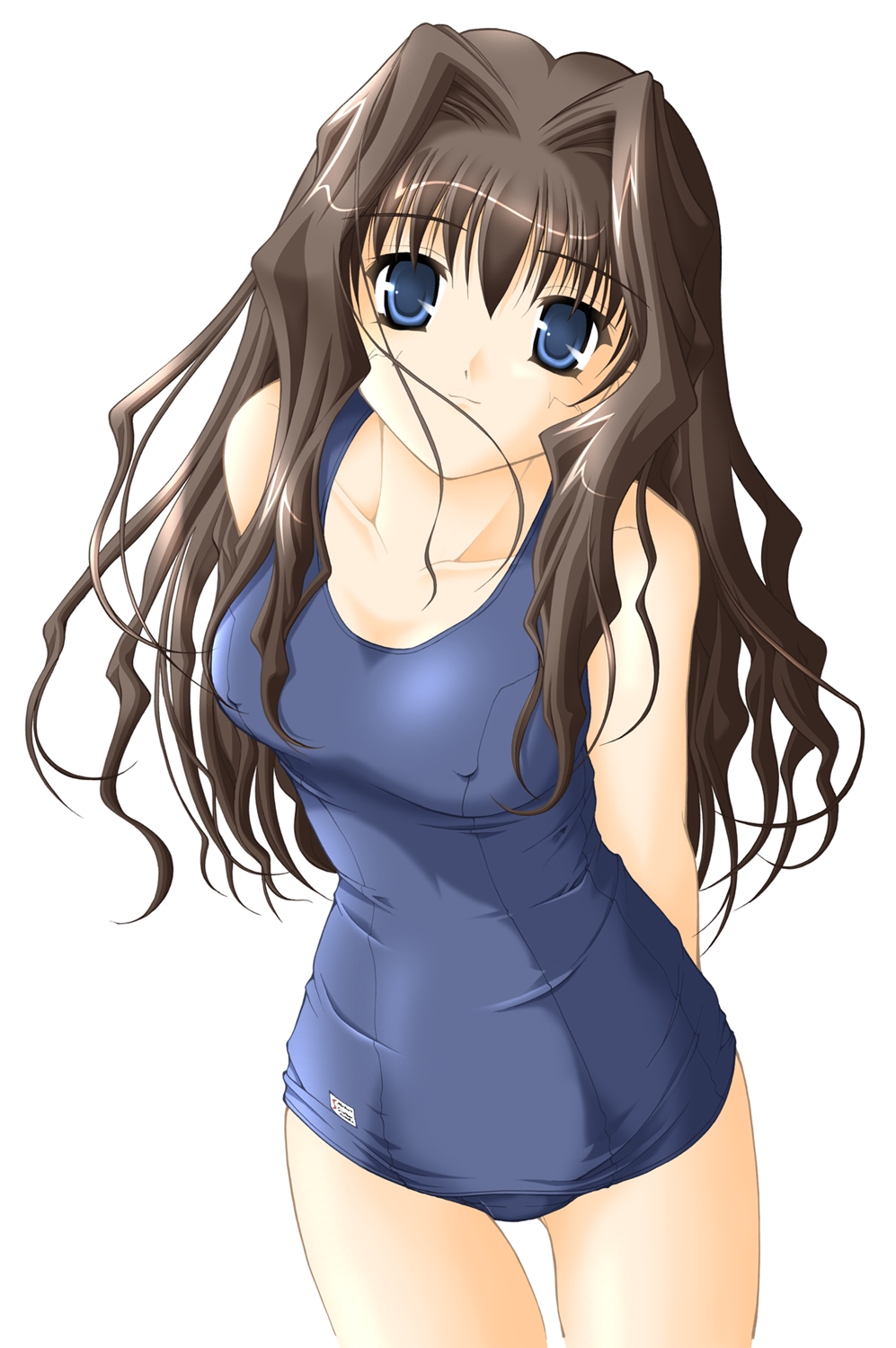 1girl arms_behind_back blue_eyes blue_swimsuit brown_hair covered_nipples cowboy_shot eyebrows_visible_through_hair hair_between_eyes hair_intakes highres kanon long_hair looking_at_viewer misaka_kaori non-web_source one-piece_swimsuit satomi_hidefumi school_swimsuit simple_background solo swimsuit white_background