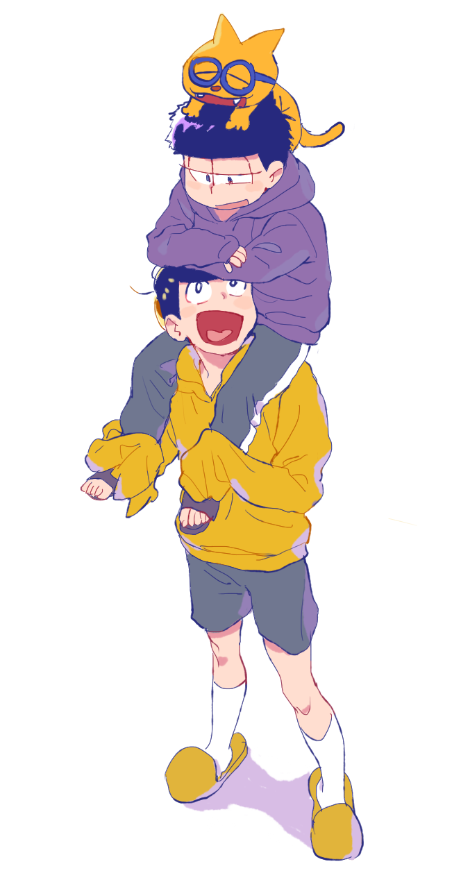 2boys :d ^_^ animal animal_on_head arm_rest black_hair blue-framed_eyewear bright_pupils brothers carrying cat cat_on_head closed_eyes esper_nyanko eye_contact from_above from_side full_body glasses grey_pants grey_shorts half-closed_eyes hands_up heart heart_in_mouth highres hood hood_down hoodie kneehighs legs_apart long_sleeves looking_at_another looking_down looking_to_the_side looking_up male_focus matsuno_ichimatsu matsuno_jyushimatsu multiple_boys on_head open_mouth osomatsu-kun osomatsu-san pants purple_footwear purple_hoodie qqmng round_eyewear sandals shadow shorts shoulder_carry siblings simple_background sleeves_past_fingers sleeves_past_wrists slippers smile standing sweatpants tongue white_background white_legwear white_pupils yellow_footwear yellow_hoodie