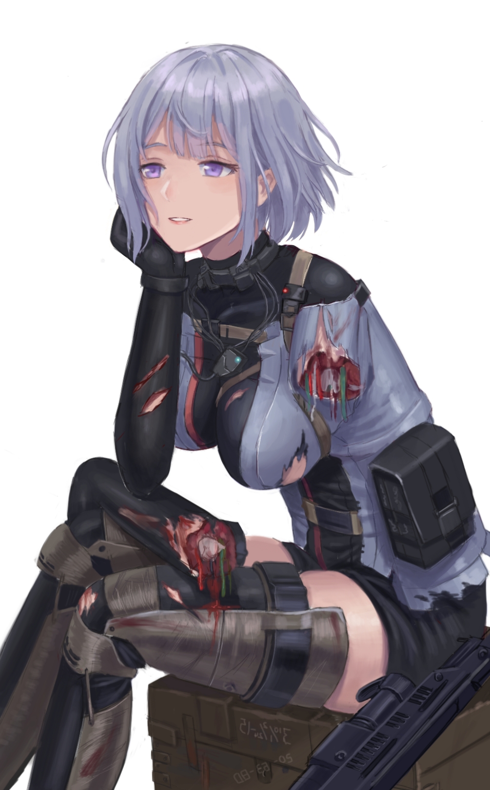 1girl amputee black_bodysuit black_gloves black_legwear black_shorts blood bodysuit breasts damaged elbow_gloves eyebrows_visible_through_hair girls_frontline gloves guro hand_on_own_chin highres kafkasea lips looking_away medium_breasts open_mouth rpk-16 rpk-16_(girls'_frontline) severed_arm severed_limb short_hair shorts silver_hair sitting solo tactical_clothes thigh-highs torn_bodysuit torn_clothes violet_eyes white_background