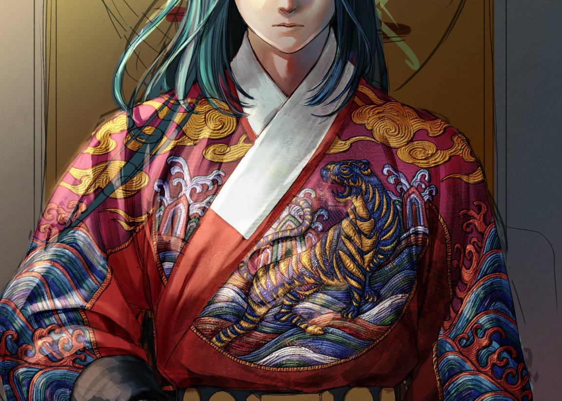 1boy black_hair embroidery head_out_of_frame long_hair long_sleeves micho print_robe shadow solo the_legend_of_luo_xiaohei upper_body wuxian_(the_legend_of_luoxiaohei)
