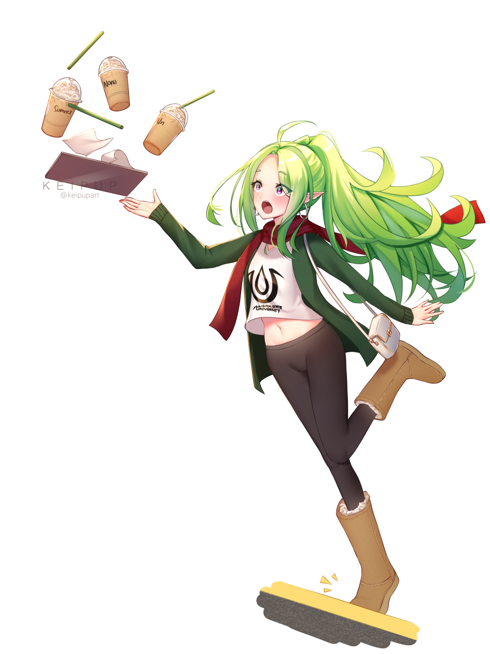 1girl :o ahoge alternate_costume artist_name bag bangs black_legwear blush boots breasts brown_footwear cardigan clothes_writing coffee commission contemporary crop_top cup disposable_cup drinking_straw earrings english_commentary eyebrows_visible_through_hair fire_emblem fire_emblem_awakening floating_hair full_body green_cardigan green_hair groin highres hoop_earrings jewelry keipup knee_boots leggings long_hair long_sleeves looking_up midriff navel notice_lines nowi_(fire_emblem) open_cardigan open_clothes open_mouth parted_bangs pointy_ears ponytail red_scarf scarf shirt shoulder_bag sidelocks small_breasts solo standing standing_on_one_leg transparent_background tray tripping twitter_username very_long_hair violet_eyes watermark white_bag white_shirt
