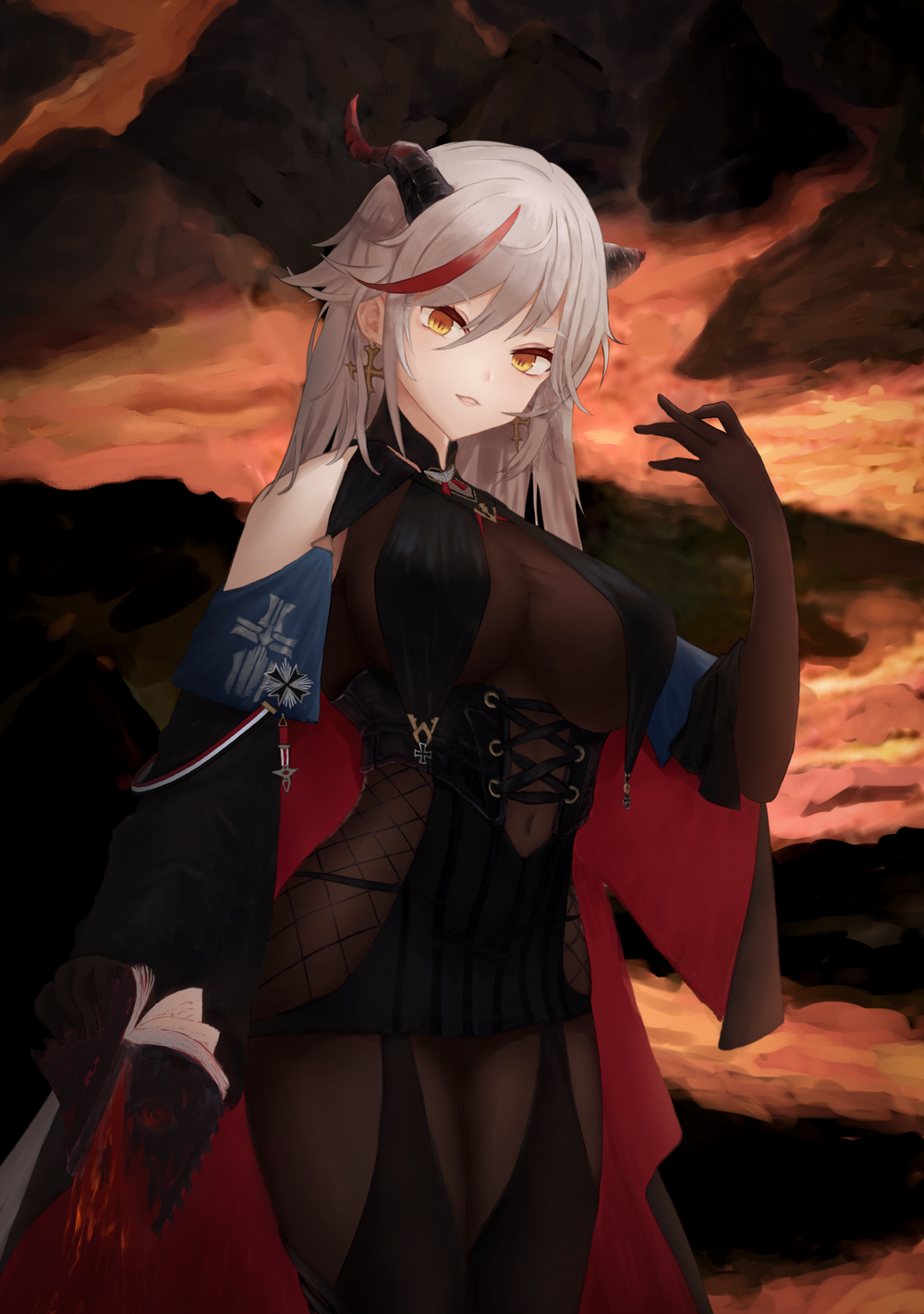 1girl absurdly_long_hair aegir_(azur_lane) azur_lane bare_shoulders black_cape black_legwear bodystocking breast_curtains breasts brown_gloves cape covered_navel cross cross-laced_clothes cross_earrings demon_horns earrings elbow_gloves gloves hair_between_eyes herfstijl highres horns iron_cross jewelry large_breasts long_hair looking_at_viewer microskirt molten_rock multicolored_hair redhead skirt solo standing streaked_hair two-tone_hair underbust very_long_hair white_hair yellow_eyes