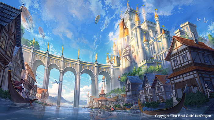 bird blue_sky boat bridge building castle clouds commentary_request day fantasy flying gunship hill house niko_p no_humans original people plant reflection reflective_water river scenery sky tree watercraft