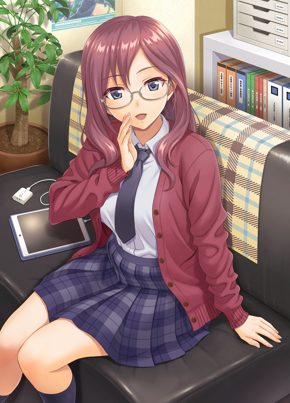 1girl :d black_necktie book bookshelf commentary_request couch glasses grey-framed_eyewear hand_to_own_mouth hida_tatsuo highres idolmaster idolmaster_cinderella_girls idolmaster_cinderella_girls_starlight_stage jacket looking_at_viewer necktie on_couch plaid plaid_skirt plant poster_(object) potted_plant purple_hair purple_jacket purple_legwear purple_skirt semi-rimless_eyewear shirt sitting skirt smile socks solo tablet_pc under-rim_eyewear usb violet_eyes white_shirt yagami_makino