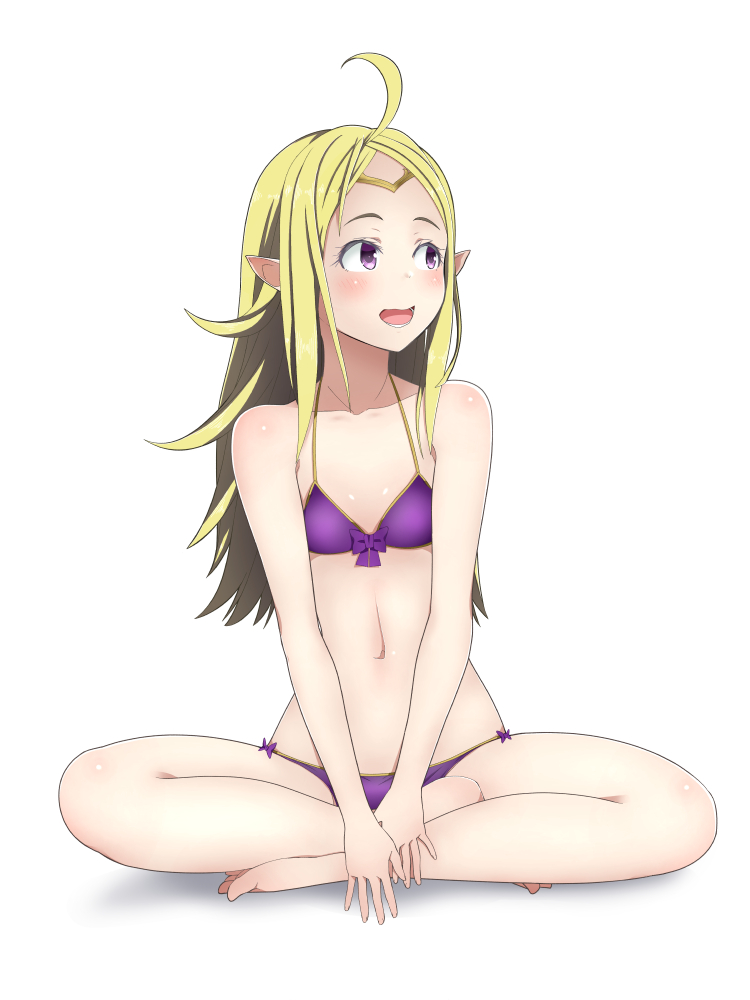 1girl ahoge bikini commentary_request fire_emblem fire_emblem_awakening fire_emblem_heroes full_body green_hair long_hair looking_to_the_side manakete navel nowi_(fire_emblem) open_mouth pointy_ears ponytail purple_bikini revision simple_background smile solo sutee_(ripobita) swimsuit violet_eyes white_background