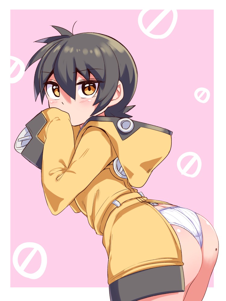 1girl ass black_hair blush breasts closed_mouth cougar_(cougar1404) hood hooded_jacket jacket looking_at_viewer looking_back mole mole_on_ass nari_(cougar1404) original panties short_hair solo underwear white_panties yellow_eyes