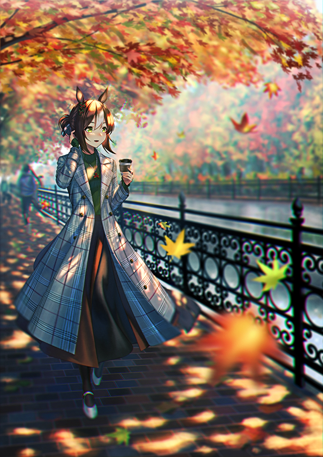 1girl animal_ears autumn autumn_leaves black_legwear blush brown_hair coat fine_motion_(umamusume) green_eyes grey_footwear hair_between_eyes holding horse_ears horse_girl jewelry leaf long_sleeves maple_leaf maple_tree necklace open_clothes open_coat open_mouth plaid_coat short_hair solo tree umamusume unowen walking white_hair