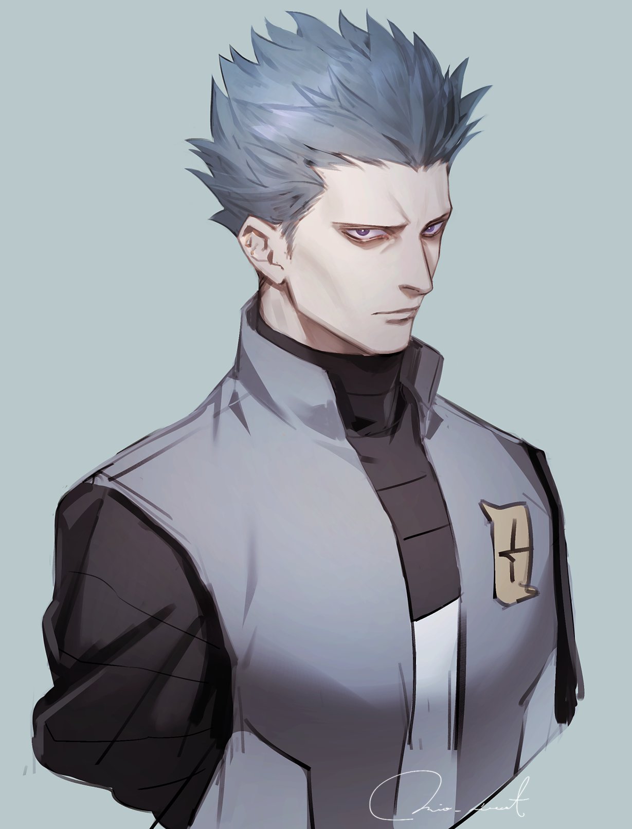 1boy bright_pupils closed_mouth commentary_request cyrus_(pokemon) grey_background grey_hair grey_vest highres kuroda_matsurika logo male_focus pokemon pokemon_(game) pokemon_dppt short_hair signature simple_background solo spiky_hair team_galactic turtleneck upper_body vest white_pupils