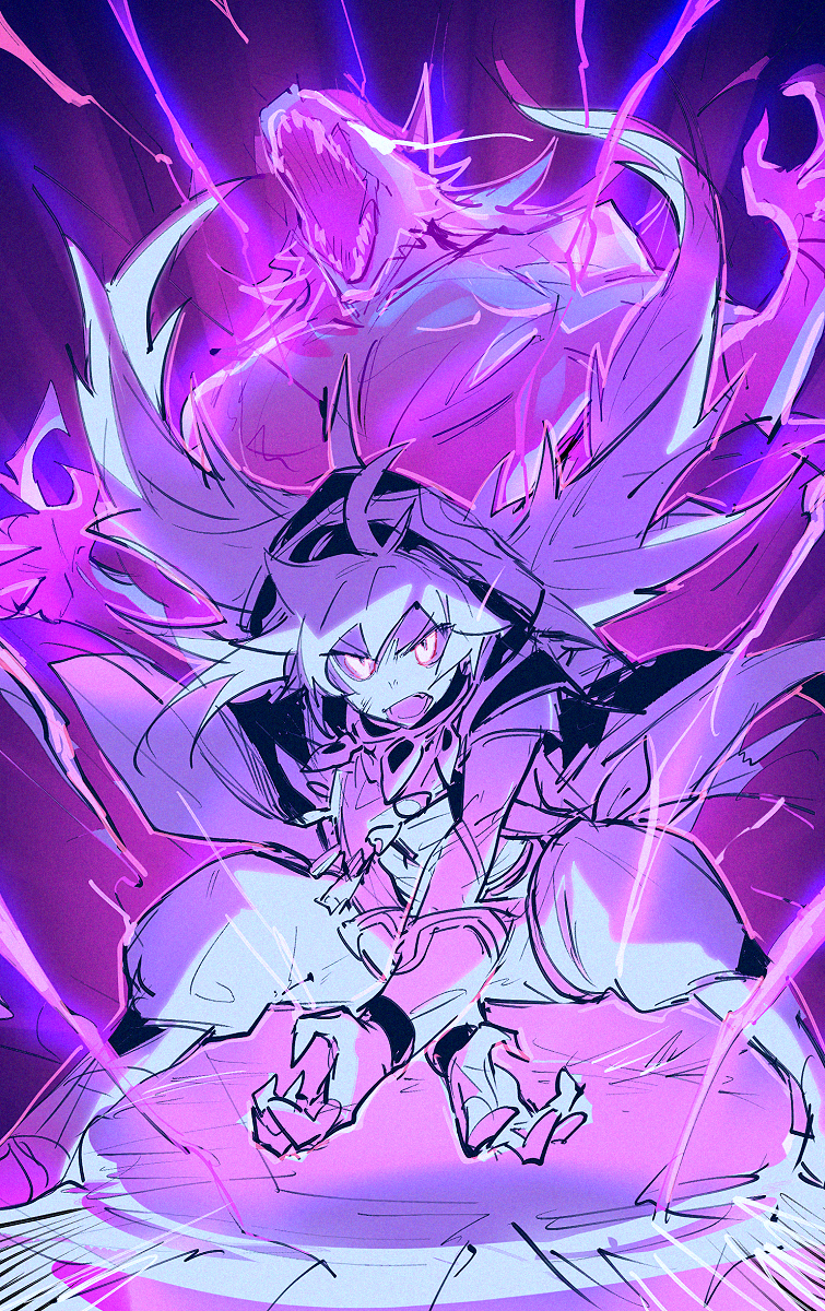 1boy bangs boots claws electricity fangs floating_hair genshin_impact gloves highres hood hood_up long_hair male_focus menma222 monochrome open_mouth pants pose purple_theme razor_(genshin_impact) short_sleeves sketch wolf