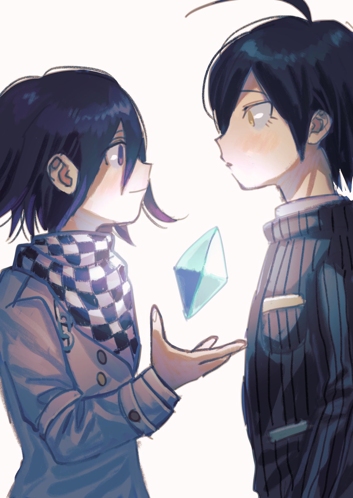 2boys ahoge bangs black_hair black_jacket brown_eyes buttons checkered checkered_scarf commentary_request danganronpa_(series) danganronpa_v3:_killing_harmony eye_contact from_side gem hair_between_eyes highres holding jacket long_sleeves looking_at_another male_focus multiple_boys ouma_kokichi purple_hair saihara_shuuichi scarf short_hair simple_background smile straitjacket striped striped_jacket te_(tasotei) violet_eyes