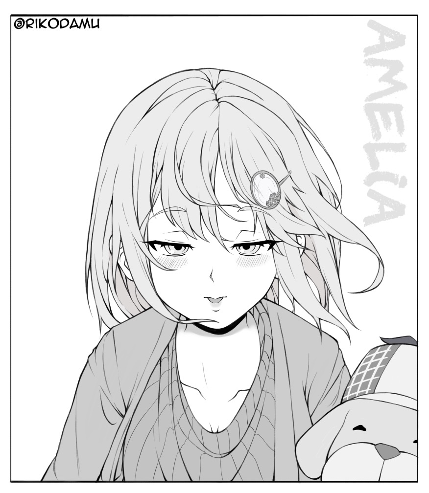 1girl blush bubba_(watson_amelia) character_name commentary eyebrows_visible_through_hair greyscale hair_ornament hololive hololive_english monochrome monocle_hair_ornament parted_lips rikodamu1 twitter_username virtual_youtuber watson_amelia