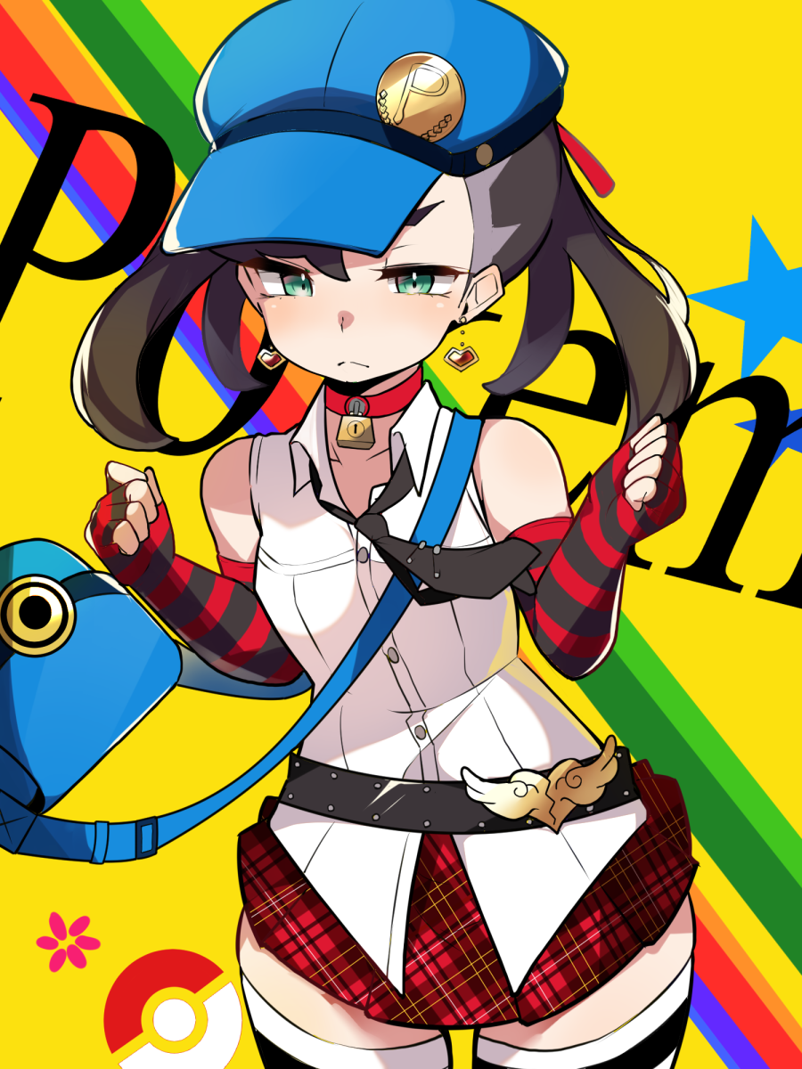 1girl :&lt; badge bag bangs bare_shoulders bell black_legwear blue_bag blue_headwear blush brown_hair buttons choker closed_mouth collared_shirt commentary_request copyright_name cosplay earrings elbow_gloves eyelashes fingerless_gloves gloves green_eyes hands_up hat highres jewelry marie_(persona_4) marie_(persona_4)_(cosplay) marnie_(pokemon) mituyota_76 neck_bell persona persona_4 plaid plaid_skirt poke_ball_symbol pokemon pokemon_(game) pokemon_swsh red_choker red_skirt shirt shoulder_bag skirt sleeveless sleeveless_shirt solo striped striped_gloves thigh-highs w_arms white_shirt