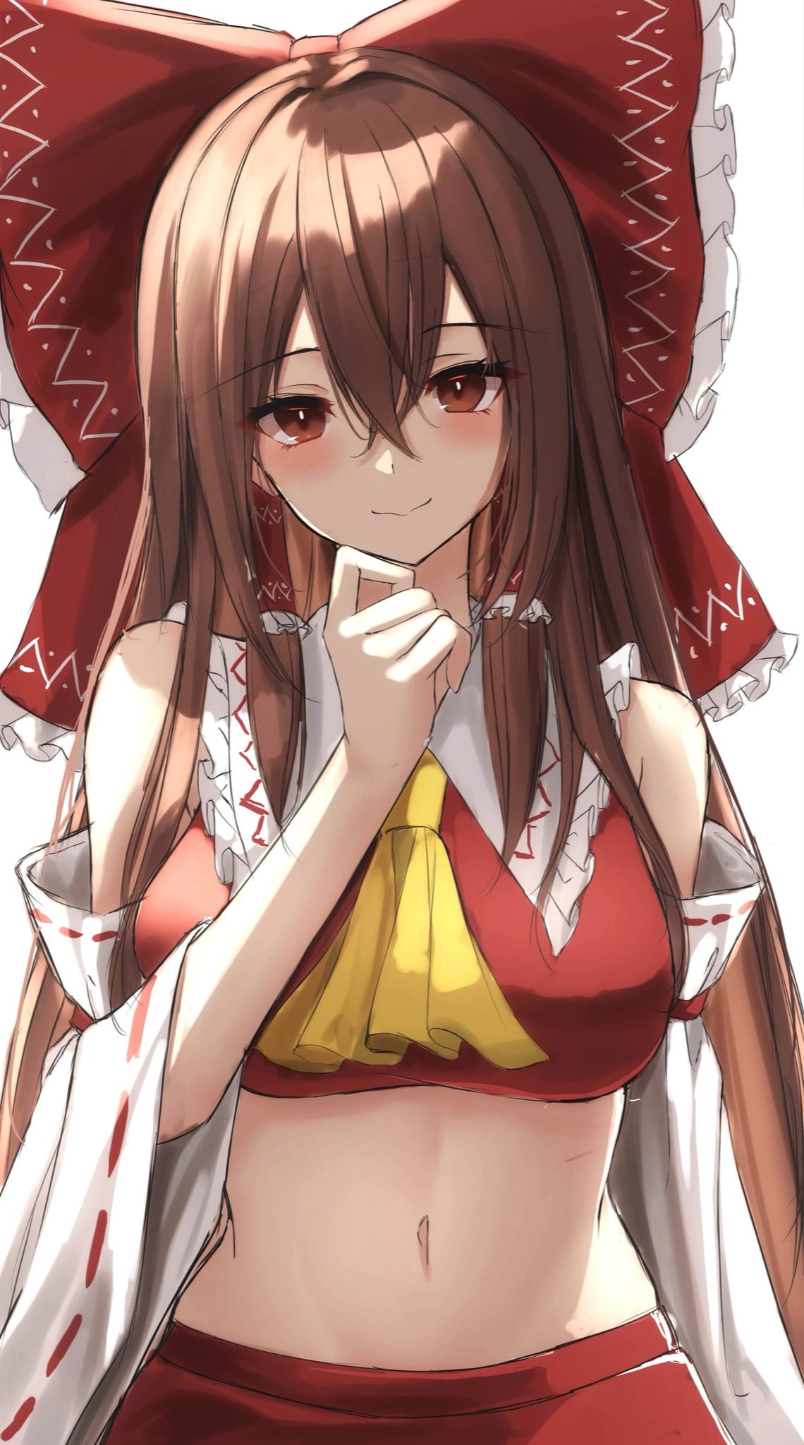 .me 1girl ascot bare_shoulders bow breasts brown_eyes collar detached_sleeves hair_bow hair_tubes hakurei_reimu hand_on_own_chin highres large_breasts long_hair midriff navel nontraditional_miko red_bow red_shirt ribbon-trimmed_sleeves ribbon_trim shirt sidelocks simple_background sketch sleeveless smile solo touhou upper_body white_background white_collar yellow_neckwear