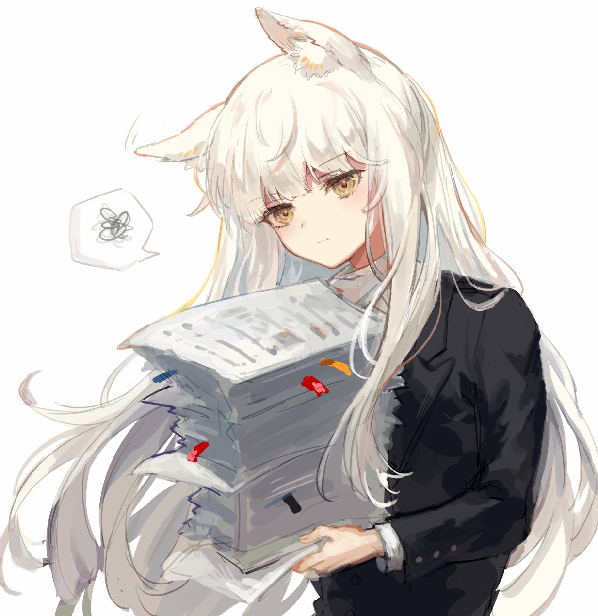 1girl alternate_costume animal_ear_fluff animal_ears arknights black_jacket formal highres holding holding_paper horse_ears jacket long_hair looking_at_viewer motion_lines paper paper_stack platinum_(arknights) shirt simple_background solo spacelongcat spoken_squiggle squiggle upper_body white_background white_hair white_shirt yellow_eyes