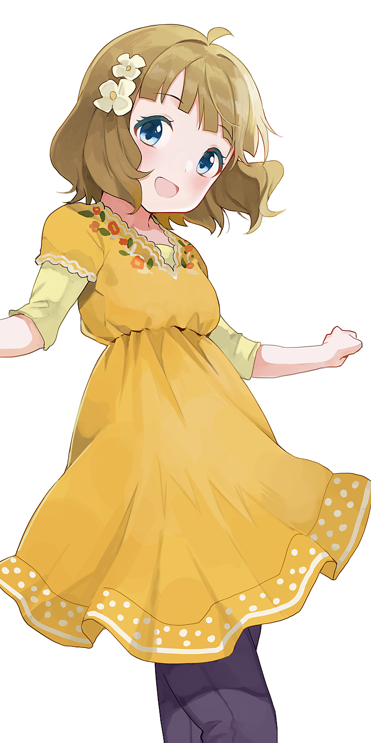 1girl blue_eyes brown_hair dress flower hair_flower hair_ornament highres hiroki_(yyqw7151) idolmaster idolmaster_million_live! looking_at_viewer open_mouth short_hair simple_background solo suou_momoko white_background yellow_dress