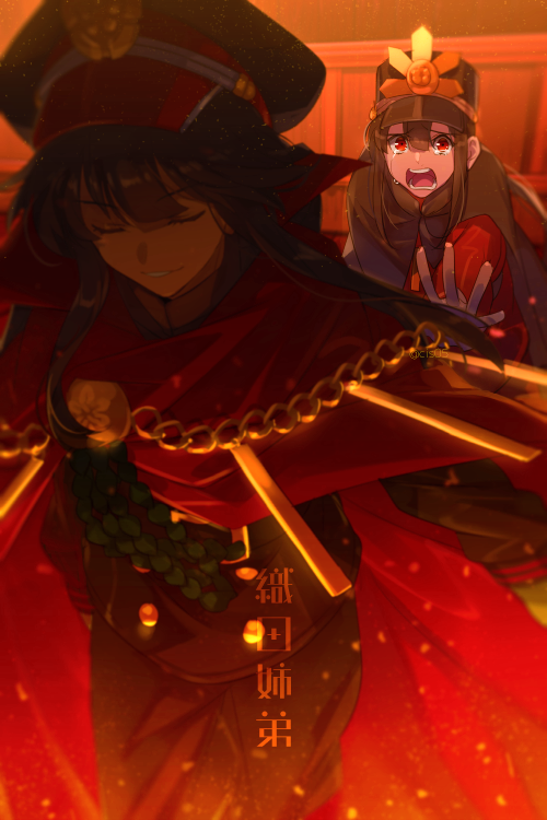 1boy 1girl bangs belt black_cape black_hair black_headwear black_jacket black_pants breasts buttons cape chain closed_eyes echo_(circa) family_crest fate/grand_order fate_(series) fiery_hair gloves hat jacket jewelry koha-ace long_hair long_sleeves looking_at_viewer medallion necklace oda_nobukatsu_(fate) oda_nobunaga_(fate) oda_uri pants peaked_cap ponytail popped_collar red_cape red_eyes red_jacket sidelocks small_breasts smile very_long_hair white_gloves