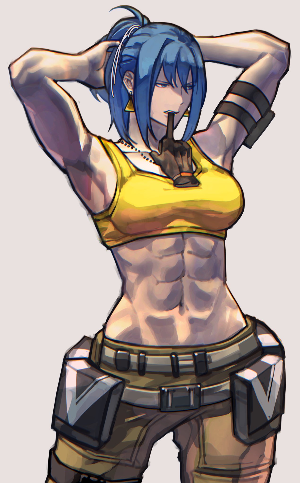 1girl abs armpits bangs bare_shoulders belt biting black_gloves blue_eyes blue_hair cargo_pants dog_tags earrings glove_biting gloves highres jewelry leona_heidern muscular muscular_female navel necklace pants pouch sidelocks syachiiro tank_top the_king_of_fighters triangle_earrings tying_hair white_background yellow_tank_top
