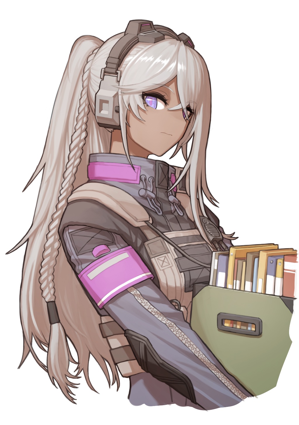 1girl armor bangs braid cheogtanbyeong closed_mouth commentary dark-skinned_female dark_skin expressionless eyebrows_visible_through_hair girls'_frontline_2:_exilium girls_frontline grey_hair hair_between_eyes headphones headset highres holding long_hair long_sleeves looking_at_viewer military military_uniform nemesis_(girls'_frontline_2) ponytail solo tactical_clothes uniform upper_body violet_eyes walkie-talkie white_background