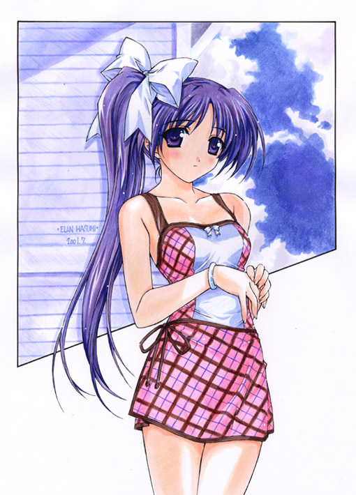 1girl 2001 argyle argyle_dress argyle_skirt artist_name bad_id bangle bangs bare_shoulders blush bow bracelet breasts closed_mouth eyebrows_visible_through_hair hair_bow hasumi_eran itou_noemi jewelry long_hair looking_at_viewer medium_breasts purple_hair shoulder_strap side_ponytail signature skirt solo standing violet_eyes white_bow with_you