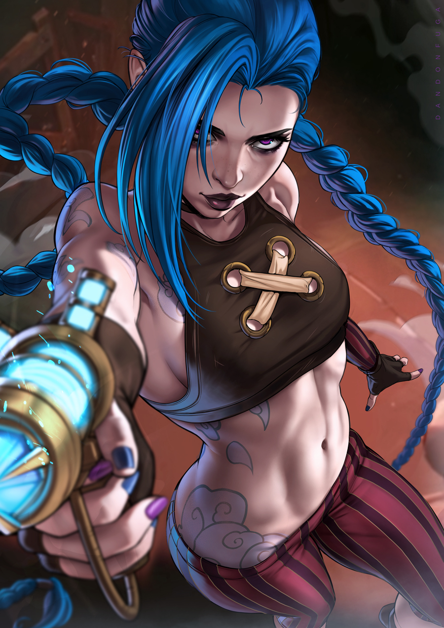 1girl aiming_at_viewer arcane:_league_of_legends blue_hair blue_nails braid dandon_fuga eyeshadow fingerless_gloves gloves gun highres horizontal_stripes jinx_(league_of_legends) league_of_legends looking_at_viewer makeup nail_polish navel pants purple_nails sleeveless solo stomach striped striped_pants tattoo toned twin_braids violet_eyes weapon