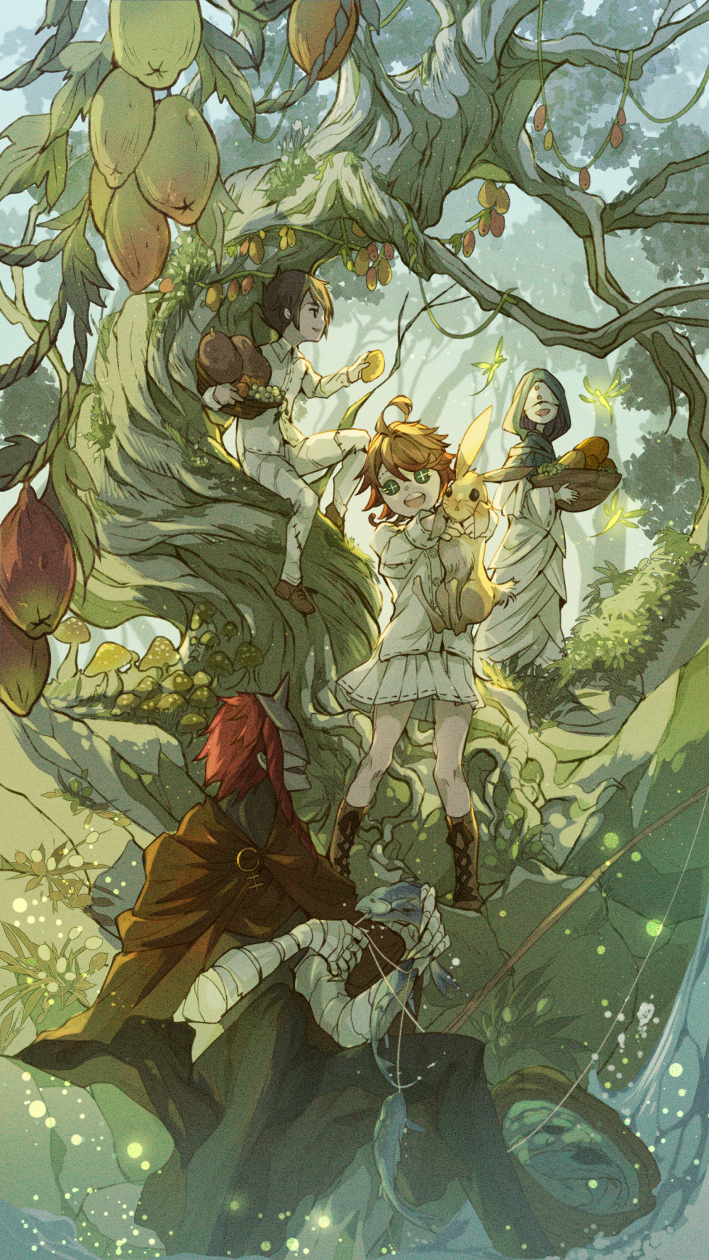 2boys 2girls ahoge animal bandaged_arm bandages basket black_eyes black_hair blue_sky boots brown_cape brown_footwear bug butterfly button_eyes cape clip_studio_paint_(medium) commentary_request dress emma_(yakusoku_no_neverland) fern fish fishing fishing_line fishing_rod food forest fruit full_body grapes green_eyes hair_over_one_eye highres holding holding_animal holding_basket holding_bunny holding_fish hood hood_up identity_v in_tree layered_dress looking_at_another looking_at_viewer mask medium_hair multiple_boys multiple_girls mushroom musica_(yakusoku_no_neverland) nanahara_shie nature open_mouth orange_hair outdoors pants pleated_skirt ray_(yakusoku_no_neverland) redhead shirt short_hair skirt sky smile sung-joo_(yakusoku_no_neverland) teeth tree upper_teeth white_dress white_pants white_shirt white_skirt yakusoku_no_neverland