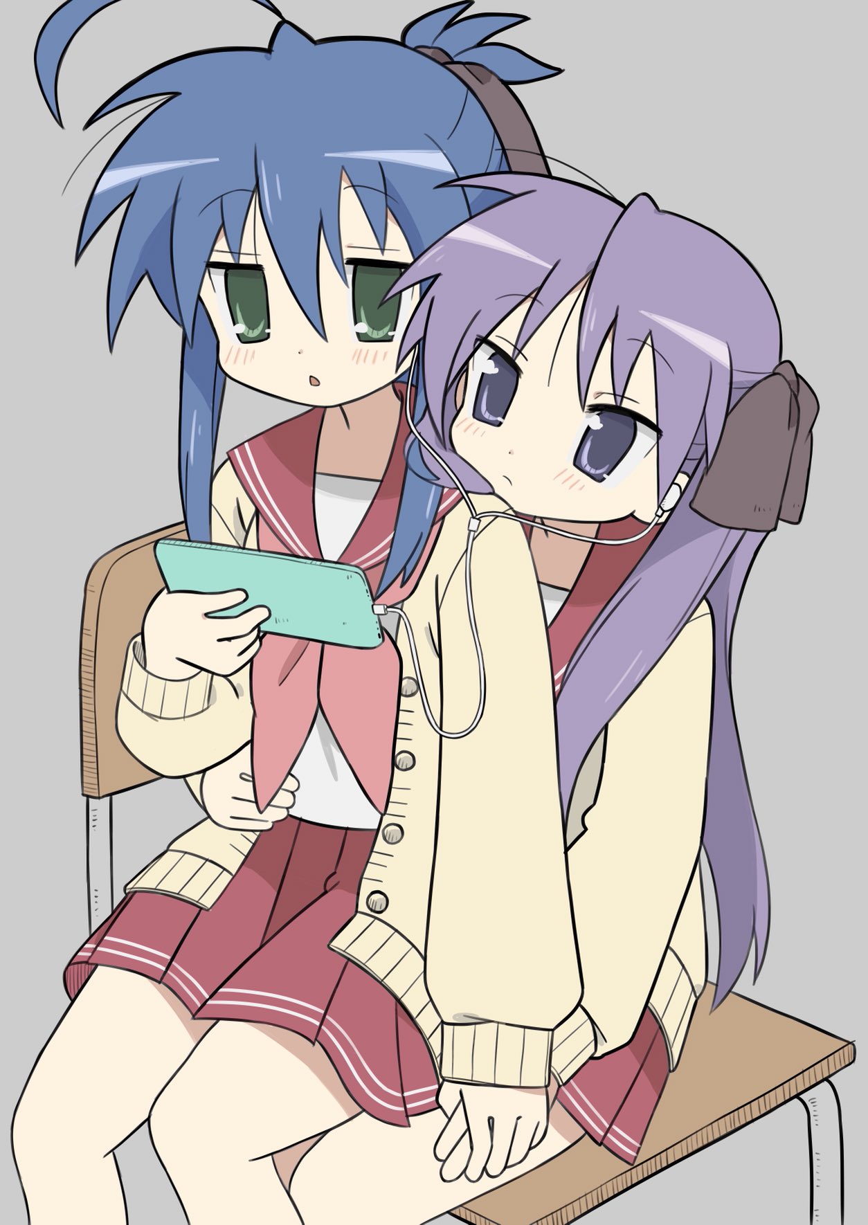 2girls ahoge bangs black_bow blue_hair blush bow cardigan cellphone chair closed_mouth commentary earphones green_eyes grey_background hair_bow hair_up high_ponytail highres hiiragi_kagami holding holding_phone izumi_konata long_hair long_sleeves lucky_star multiple_girls neckerchief open_mouth phone pink_neckerchief purple_hair red_sailor_collar red_skirt ryouou_school_uniform sailor_collar school_uniform serafuku shared_earphones shirt sidelocks sitting sitting_on_lap sitting_on_person skirt smartphone twintails very_long_hair violet_eyes white_shirt yellow_cardigan yoyohachi yuri