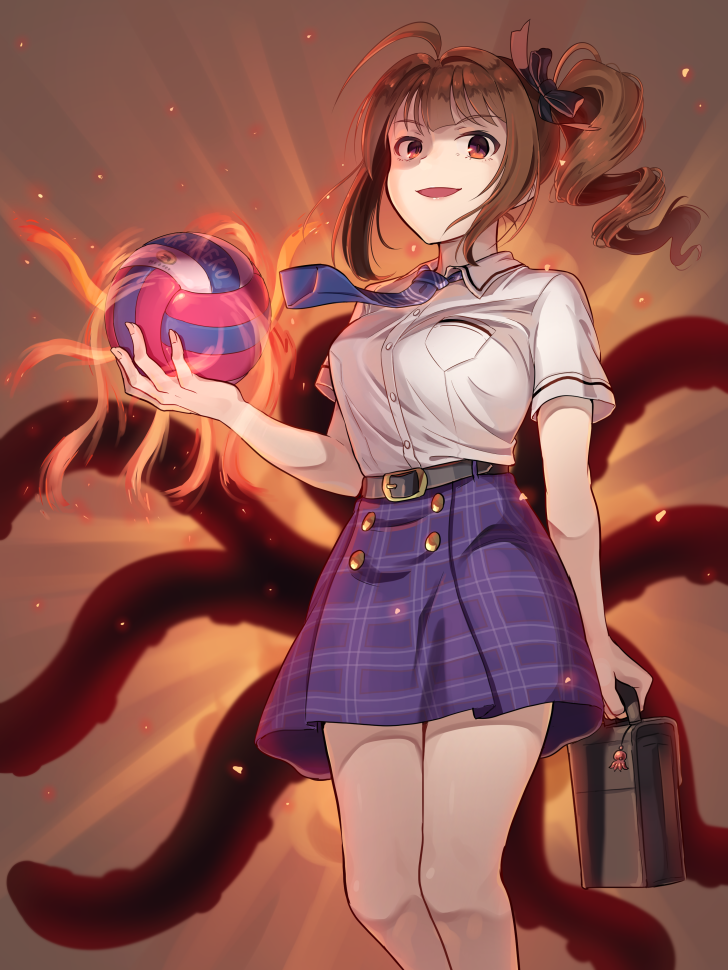 1girl ahoge aura ball bangs belt black_belt black_ribbon brown_hair cellphone_strap collared_shirt commentary drill_hair eyebrows_visible_through_hair hair_ribbon holding holding_ball idolmaster idolmaster_million_live! kamille_(vcx68) looking_at_viewer medium_hair miniskirt necktie octopus open_mouth plaid plaid_skirt purple_skirt red_eyes ribbon school_briefcase shirt side_drill side_ponytail sidelocks skirt smile solo standing volleyball white_shirt wind wing_collar yokoyama_nao