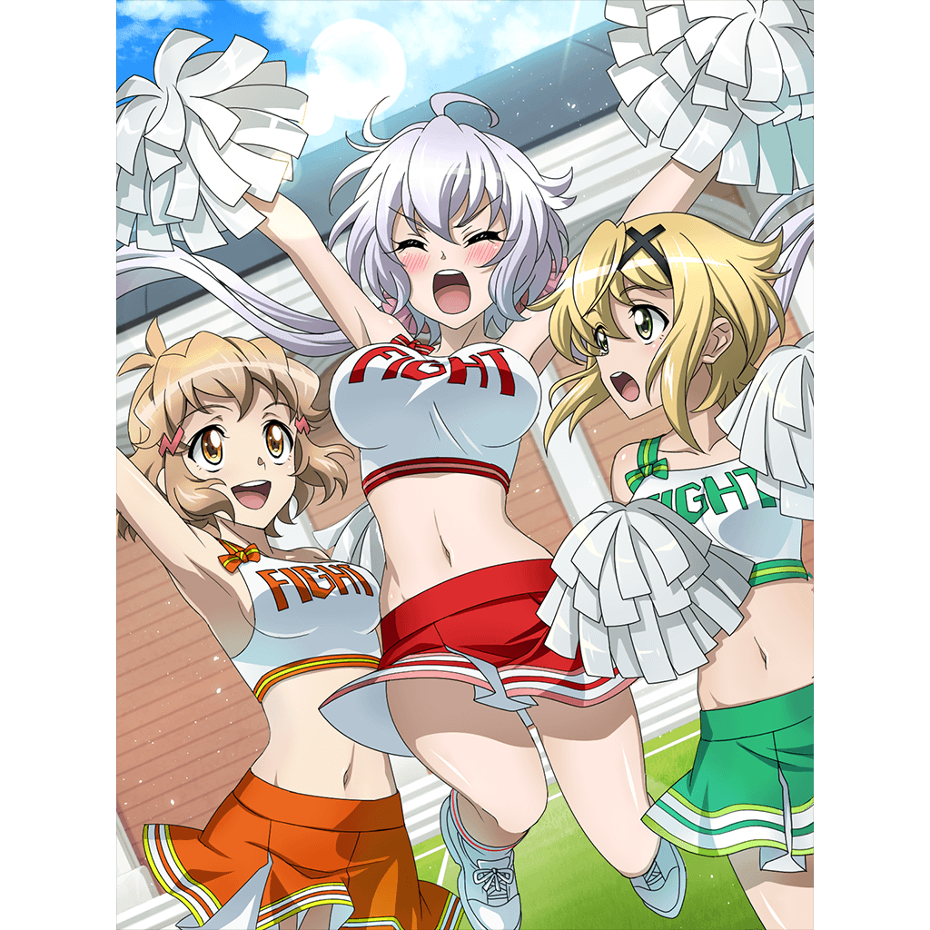 3girls ahoge akatsuki_kirika artist_request blonde_hair blush breasts brown_eyes cheerleader closed_eyes eyebrows_visible_through_hair green_eyes hair_ornament hair_scrunchie hairclip jumping large_breasts long_hair looking_at_another midriff miniskirt multiple_girls navel official_art open_mouth pom_pom_(cheerleading) scrunchie senki_zesshou_symphogear shiny shiny_hair short_hair sideboob skirt smile tachibana_hibiki_(symphogear) twintails white_hair x_hair_ornament yukine_chris