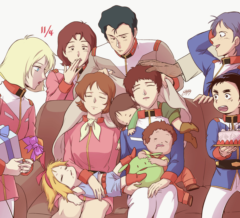 amuro_ray ascot belt birthday_cake black_hair blanket blonde_hair bright_noa brown_hair cake couch dated food frau_bow freckles gift grey_hair gundam haro hayato_kobayashi kai_shiden katz_kobayashi kikka_kitamoto letz_cofan mirai_yashima mobile_suit_gundam sappo sayla_mass sleeping uniform