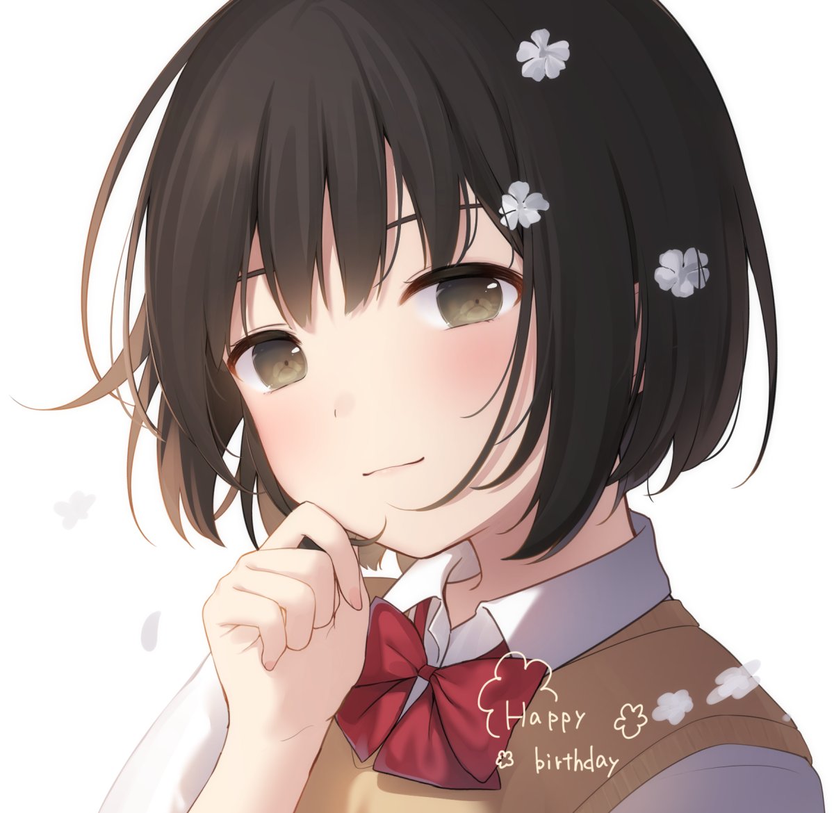 1girl amashiro_natsuki bangs birthday blush bob_cut borrowed_character bow bowtie brown_eyes brown_hair brown_sweater_vest close-up closed_mouth commentary dress_shirt flower gift_art hair_flower hair_ornament hair_strand hand_on_own_chin happy_birthday head_tilt light_smile looking_at_viewer messy_hair mochizuki_chihiro original portrait red_bow red_bowtie second-party_source shirt short_hair simple_background solo white_background white_flower white_shirt