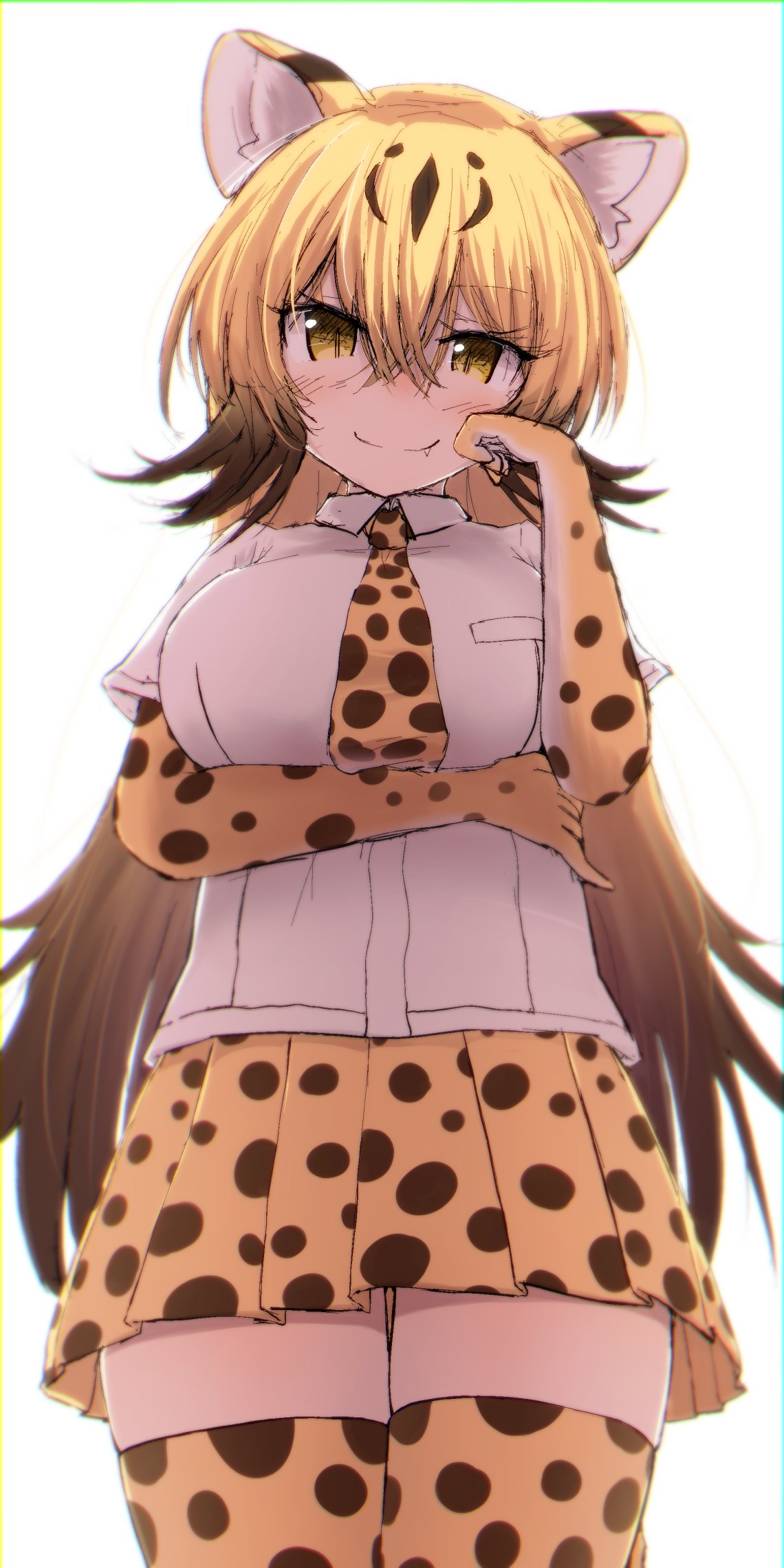1girl blush breast_pocket breasts cheetah_(kemono_friends) cheetah_ears cheetah_girl cheetah_print fang gloves hand_on_own_cheek hand_on_own_face highres karekusa_meronu kemono_friends large_breasts long_hair looking_at_viewer necktie pocket print_gloves print_legwear print_necktie print_neckwear print_skirt simple_background skirt smile spotted_hair spotted_skirt tsurime white_background