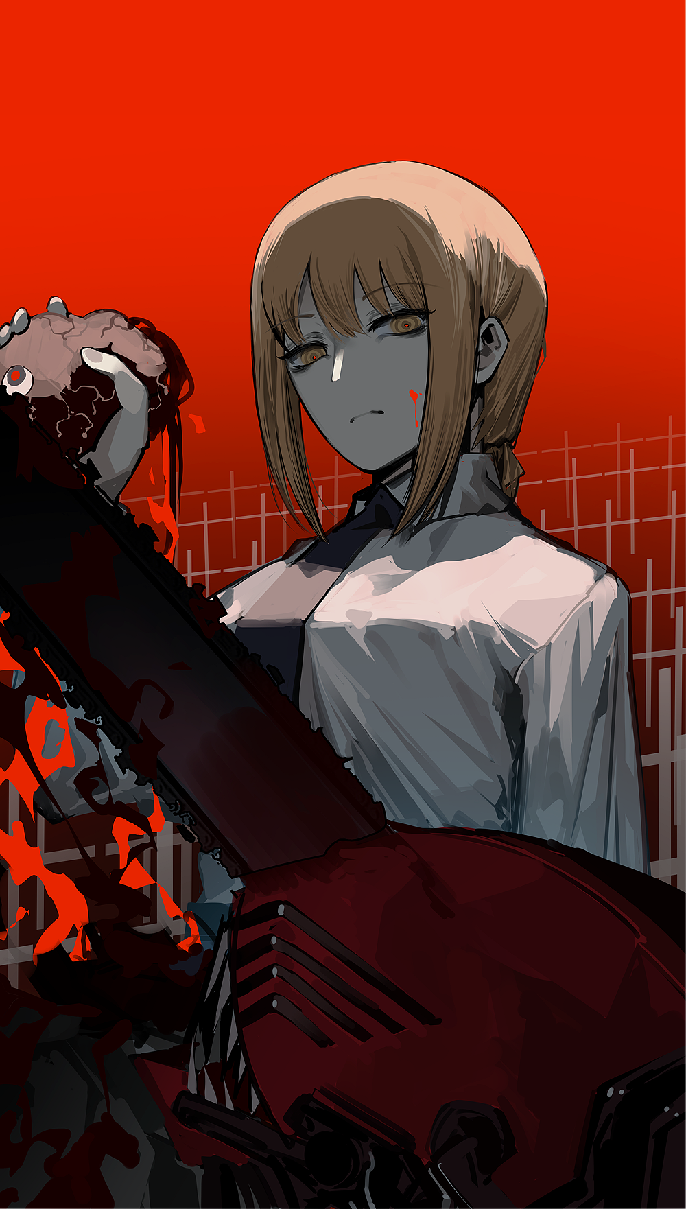 1girl black_necktie black_neckwear blood braid braided_ponytail breasts chainsaw chainsaw_man collared_shirt cross demon formal forte heart highres holding holding_heart long_hair long_sleeves makima_(chainsaw_man) medium_breasts necktie office_lady red_background redhead ringed_eyes shirt solo white_shirt yellow_eyes