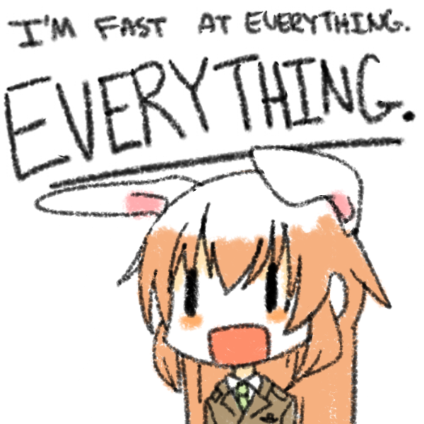 1girl :d animal_ears bangs blush_stickers brown_jacket charlotte_e._yeager chibi english_text extra_ears faux_traditional_media floppy_ears green_necktie hair_between_eyes jacket kataro_(style) long_hair looking_at_viewer necktie no_nose open_mouth orange_hair parody popopoka rabbit_ears sidelocks simple_background smile solo strike_witches style_parody upper_body white_background wing_collar world_witches_series |_|