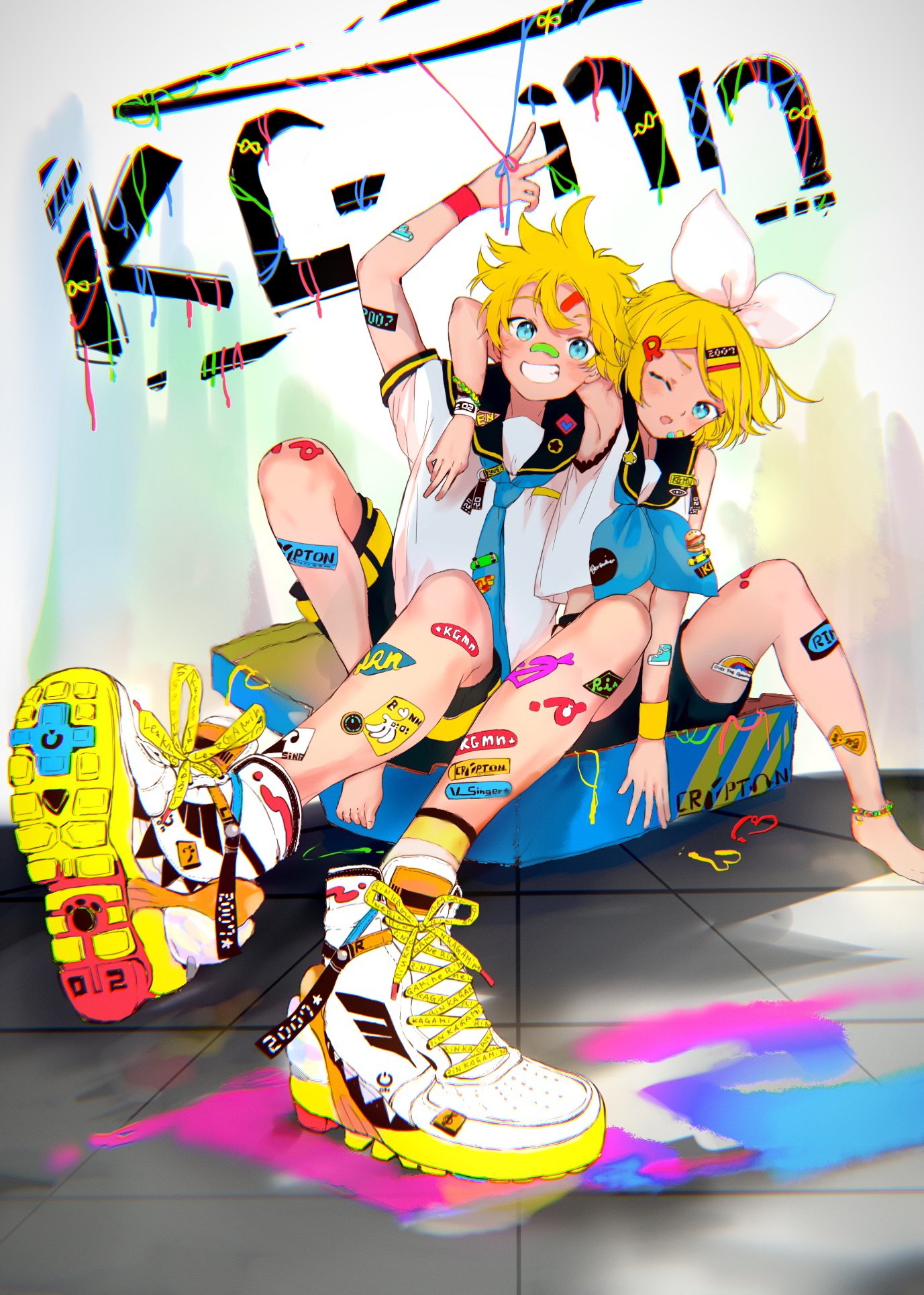 1boy 1girl ;o acronym ankle_strap arm_around_neck arrow_through_heart ascot asymmetrical_footwear banana bandaid bandaid_on_arm bandaid_on_face bandaid_on_knee bandaid_on_leg bandaid_on_nose barefoot bass_clef blonde_hair blue_eyes blue_neckwear bow brother_and_sister crypton_future_media food foreshortening fruit grin hair_bow hair_ornament hairclip highres hug kagamine_len kagamine_rin logo looking_at_viewer necktie one_eye_closed open_mouth oyamada_gamata paint_splatter sailor_collar shoes shorts siblings sitting smile sneakers sticker treble_clef twins urban vocaloid