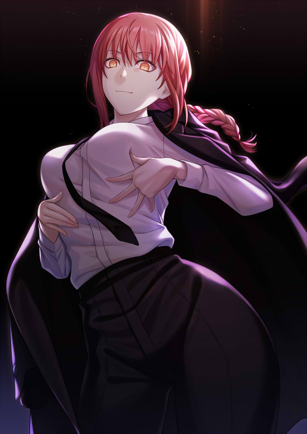 1girl bangs black_background black_necktie black_neckwear black_pants braid braided_ponytail breasts chainsaw_man coat collared_shirt formal highres long_coat long_hair long_sleeves looking_at_viewer makima_(chainsaw_man) medium_breasts necktie office_lady pants redhead ringed_eyes shirt smile solo starry_background suit white_shirt yellow_eyes zaregoto_tsukai_no_deshi