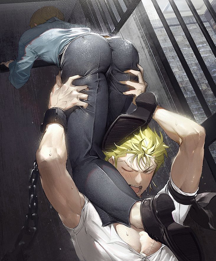 2boys aqua_shirt ass black_pants blonde_hair blush chain chained climbing cuffs green_hair hair_over_one_eye handcuffs male_focus multiple_boys one_eye_closed one_piece pants pectoral_cleavage pectorals prison prison_cell roronoa_zoro runa_(artist) sanji shirt shoes short_hair shouting sweat thigh_grab toned toned_male veins white_shirt