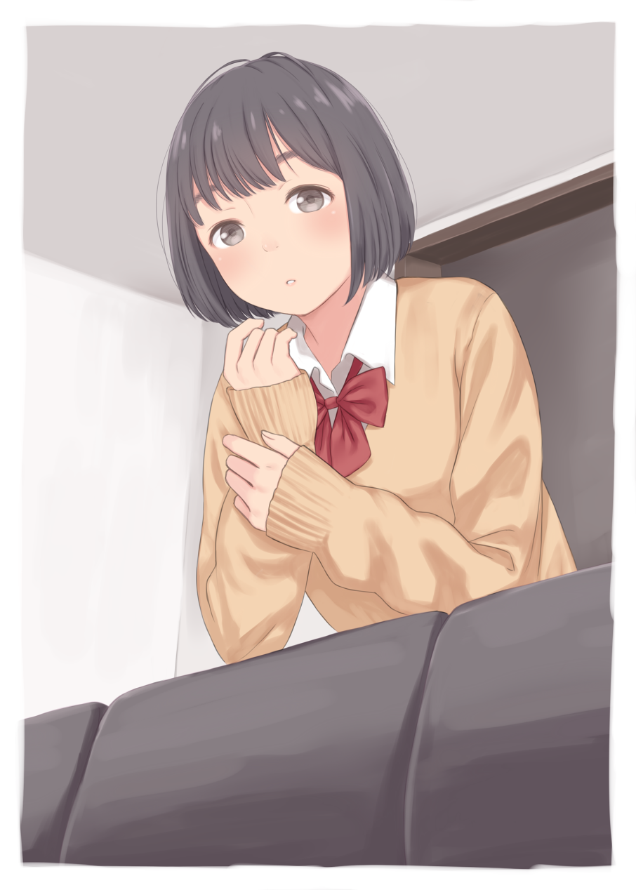 1girl bangs black_hair blunt_bangs blush bob_cut border bow bowtie brown_eyes cardigan ceiling commentary couch curled_fingers doorway dress_shirt elbow_rest hand_on_own_arm highres indoors kyak_bamboo long_sleeves looking_at_viewer looking_down messy_hair mochizuki_chihiro original parted_lips red_bow red_bowtie school_uniform shirt short_hair sleeves_past_wrists solo standing white_border white_shirt