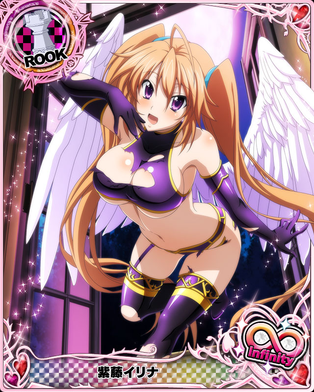 1girl ahoge angel angel_wings bare_shoulders breasts brown_hair card_(medium) chess_piece elbow_gloves eyebrows_visible_through_hair gloves hair_between_eyes heart high_school_dxd high_school_dxd_infinity large_breasts long_hair looking_at_viewer moon navel night official_art open_mouth rook_(chess) shidou_irina solo thigh-highs tongue torn_clothes twintails under_boob very_long_hair violet_eyes window wings