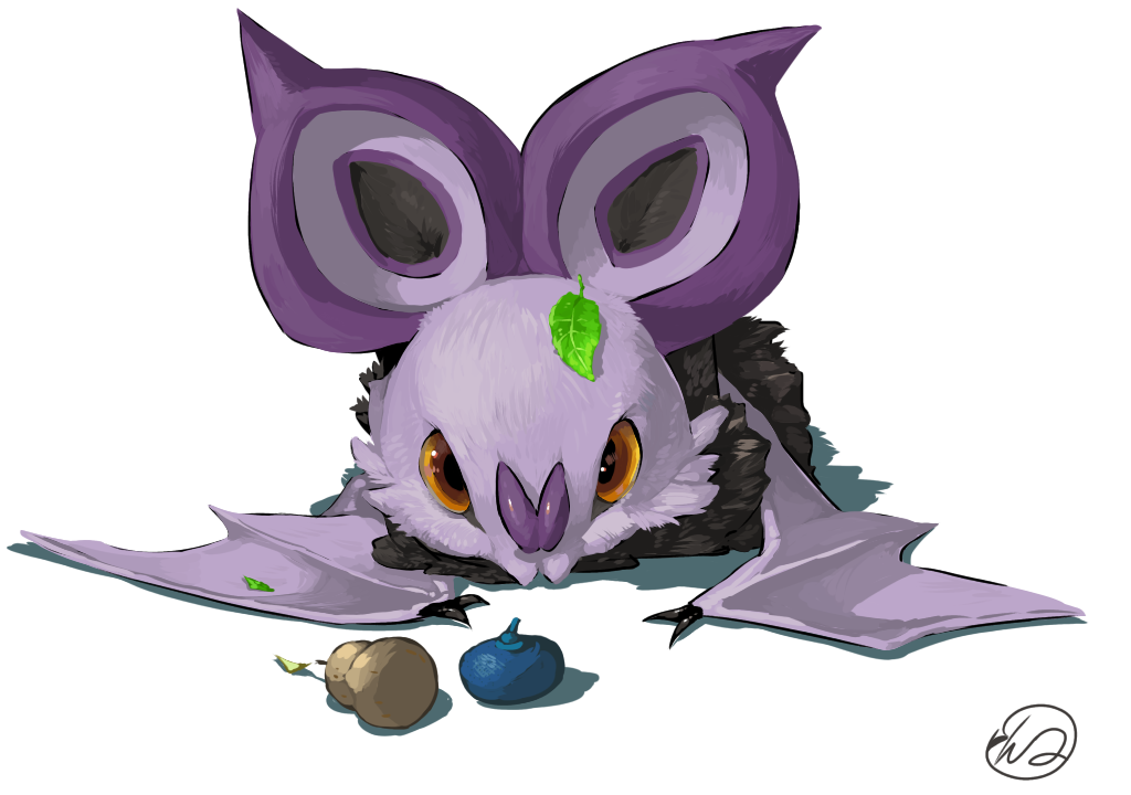 berry_(pokemon) leaf leaf_on_head looking_at_viewer no_humans noibat oran_berry orange_eyes pokemon pokemon_(creature) signature simple_background sitrus_berry white_background yunimaru