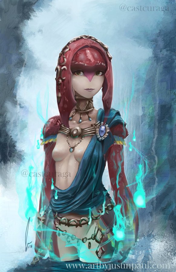 1girl blue_fire blue_sash breasts colored_skin fire fog jewelry justin_paul looking_at_viewer mipha necklace no_nipples no_nose red_skin sash small_breasts standing the_legend_of_zelda the_legend_of_zelda:_breath_of_the_wild twitter_username water web_address zora