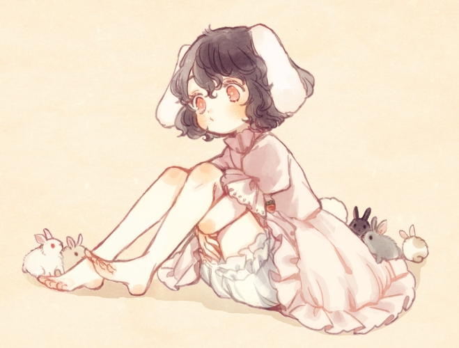 ._. 1girl :/ animal animal_ears bangs barefoot beige_background black_hair bloomers blush bright_pupils carrot_necklace closed_mouth dot_nose dress expressionless floppy_ears frilled_dress frilled_shirt_collar frilled_sleeves frills from_side full_body hair_between_eyes high_collar hugging_own_legs inaba_tewi jewelry knees_up looking_away pendant pink_dress puffy_short_sleeves puffy_sleeves rabbit_ears rabbit_girl rabbit_tail red_eyes short_hair short_sleeves simple_background sitting solo tail tareme toes_up touhou underwear wavy_hair white_bloomers yujup