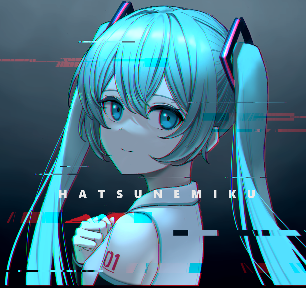1girl aqua_eyes aqua_hair breasts character_name commentary detached_sleeves from_side glitch gradient gradient_background grey_background hair_ornament hand_on_own_chest hatsune_miku kawara_pigeon long_hair looking_at_viewer small_breasts solo tattoo twintails upper_body vocaloid