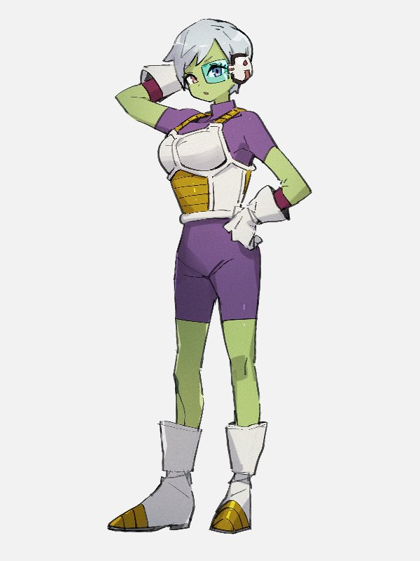 1girl ankle_boots arm_behind_head armor bangs bodysuit boots breastplate cheelai clenched_hand colored_skin dot_nose dragon_ball dragon_ball_super dragon_ball_super_broly expressionless eyelashes full_body gloves green_skin grey_background grey_hair groin hand_on_hip hand_up kemachiku looking_at_viewer parted_lips purple_bodysuit saiyan_armor scouter shiny shiny_hair simple_background solo standing swept_bangs violet_eyes white_footwear white_gloves