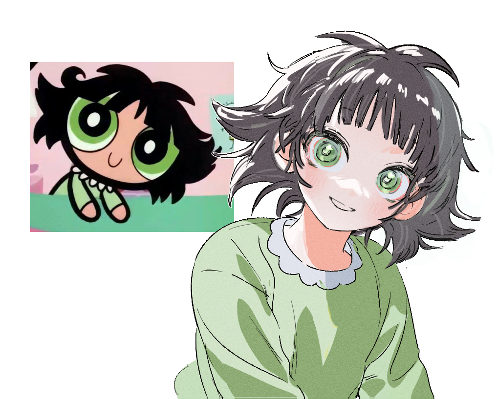 1girl bangs blonde_hair blunt_bangs buttercup_(ppg) buttercup_redraw_challenge commentary_request defus04 green_eyes green_pajamas korean_commentary light_blush long_sleeves looking_at_viewer messy_hair parted_lips powerpuff_girls reference_inset short_hair simple_background smile solo upper_body white_background