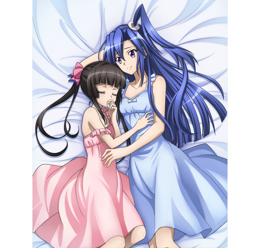 2girls artist_request bare_shoulders black_hair blue_eyes blue_hair blue_nightgown blush breasts closed_eyes closed_mouth collarbone cuddling hair_ornament hair_ribbon kazanari_tsubasa long_hair looking_at_another lying multiple_girls nightgown official_art on_side open_mouth pink_nightgown ribbon senki_zesshou_symphogear shiny shiny_hair side_ponytail small_breasts smile tsukuyomi_shirabe twintails yuri