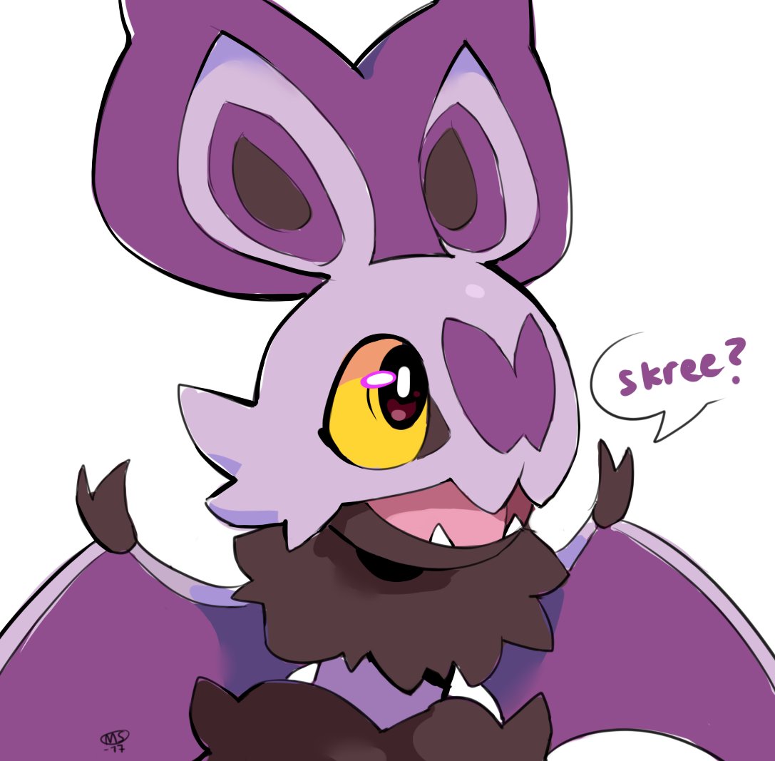 bright_pupils brown_eyes colored_sclera commentary fangs milka_(milk4ppl) no_humans noibat open_mouth pokemon pokemon_(creature) simple_background solo speech_bubble tongue white_background white_pupils yellow_sclera