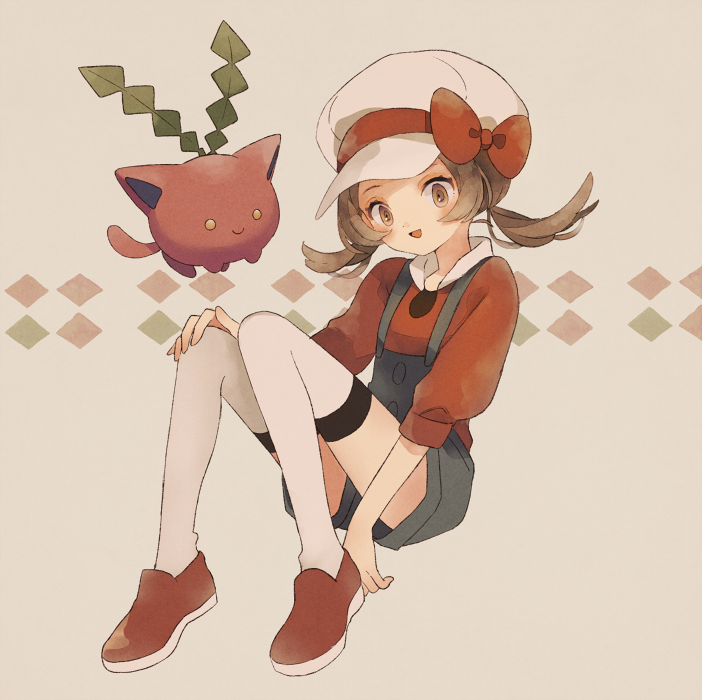 1girl bow brown_eyes brown_hair cabbie_hat full_body hat hat_bow hoppip long_hair lyra_(pokemon) open_mouth overalls pokemon pokemon_(creature) pokemon_(game) pokemon_hgss red_bow red_footwear red_shirt shirt shoes smile thigh-highs twintails white_headwear white_legwear zges