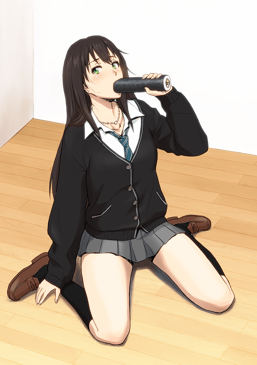 1girl azasuke black_jacket black_legwear blue_necktie blush brown_footwear brown_hair collared_shirt food_request full_body green_eyes grey_skirt hand_up highres idolmaster idolmaster_cinderella_girls indoors jacket jewelry loafers long_hair long_sleeves looking_at_viewer miniskirt necklace necktie pleated_skirt school_uniform shibuya_rin shirt shoes sitting skirt socks solo striped_necktie wariza white_shirt wing_collar