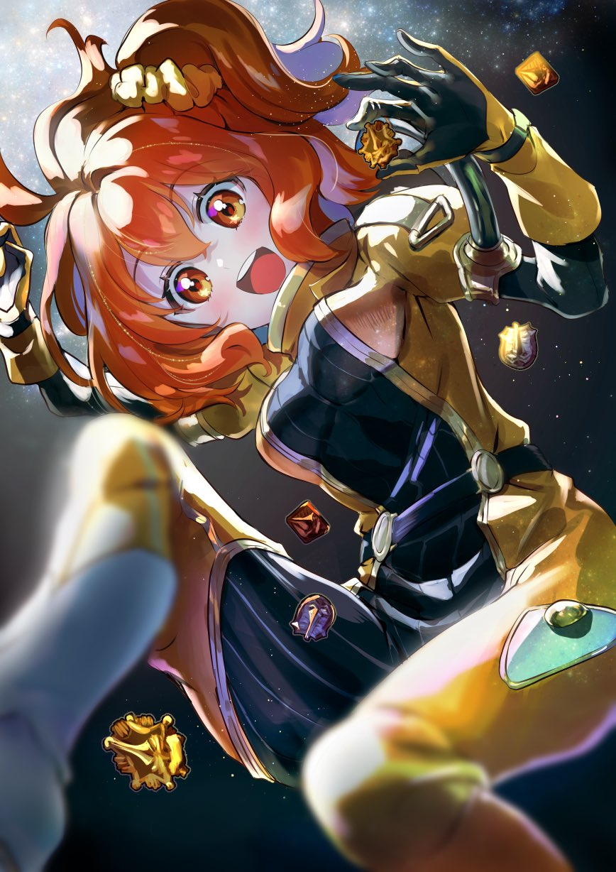 1girl ahoge bangs blush bodysuit breasts captain_chaldea fate/grand_order fate_(series) fujimaru_ritsuka_(female) galibo highres looking_at_viewer medium_breasts one_side_up open_mouth orange_bodysuit orange_eyes orange_hair short_hair smile solo space spacesuit star_(sky)