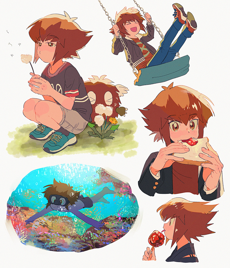 &gt;_&lt; 1boy aoki_(fumomo) bangs black_jacket blowing bread bread_slice brown_eyes brown_hair candy_apple child closed_eyes dandelion dandelion_seed diving_mask duel_monster eating eyebrows_visible_through_hair flower food goggles hair_between_eyes holding holding_food jacket japanese_clothes kuriboh licking male_focus multiple_views open_mouth pants shirt shoes short_sleeves shorts simple_background sitting sneakers spiky_hair squatting swimming swing topless_male wings younger yu-gi-oh! yu-gi-oh!_gx yuuki_juudai